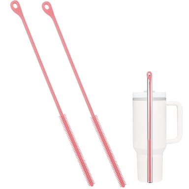 2pcs Silicone Straw Cleaner Brush, 9.45in Elastic Straw Cleaner Brush Extra Long Bristles Multi-Purpose Cleaning Tool for Straight & Bent Pipe Long-Spout Pot (Pink)