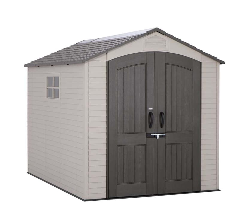 Lifetime 60252 Heavy Duty Garden Storage Shed, 7 x 9.5 ft (204 x 275 cm) Outdoor Workshop, Steel-Reinforced HDPE with Full-Length Skylight, Tan