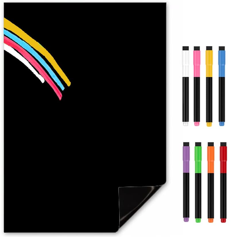 TMS Blackboard Magnet for Fridge | A4 Magnetic Chalk Board Sheet with Dry Wipe Colour Chalk Pens | Black Memo Board | Kitchen Notice Board for Notes, Reminders or Weekly Meal Planner [30 x 21cm]