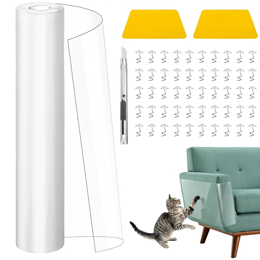 Cat Anti Scratch Furniture Protector Tape, 30cm×5M Sofa Door Protector from Pets Dog, Transparent Self-adhesive Stop Cat Scratching Protection for Furniture Carpet Couch with 50 pins & 2 Scrapers