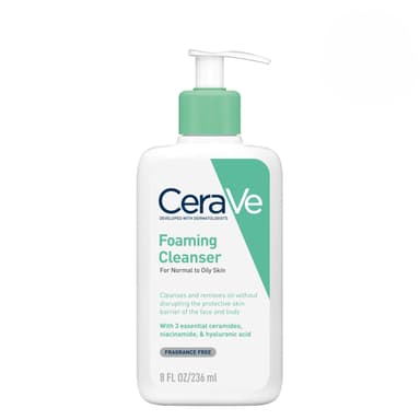 CeraVe Foaming Cleanser Face Wash for Normal to Oily Skin, with Niacinamide & 3 Essential Ceramides, Gentle Fragrance-Free, Non-Comedogenic, Dermatologist Developed Daily Cleanser, 236ml