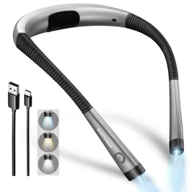 Glocusent Reading Light Book Light, Orignal Neck Light with 3 Colors & 6 Brightness Levels, Bendable Arms, Rechargeable Book Lamp, Long Lasting, Perfect for Reading, Knitting, Camping