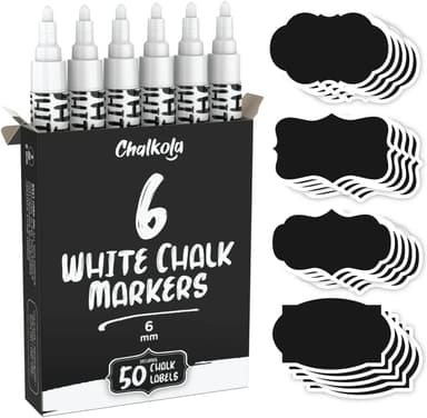 Chalkola White Chalk Markers (6 Pack, 6mm Reversible Tip) - White Dry Erase Liquid Chalk Pens for Blackboard, Window, Bistro, Car Glass, Board, Calendar - Erasable Chalkboard Markers + 50 labels