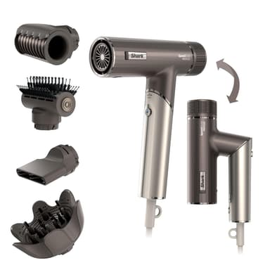Shark SpeedStyle Pro FLEX Hair Dryer, High Performance High-Velocity Hair-Dryer w/ 4 Styling Attachments, Lightweight, Ionic, No Heat Damage, Folding Handle, For All Hair Types, Mocha Silver HD542UK
