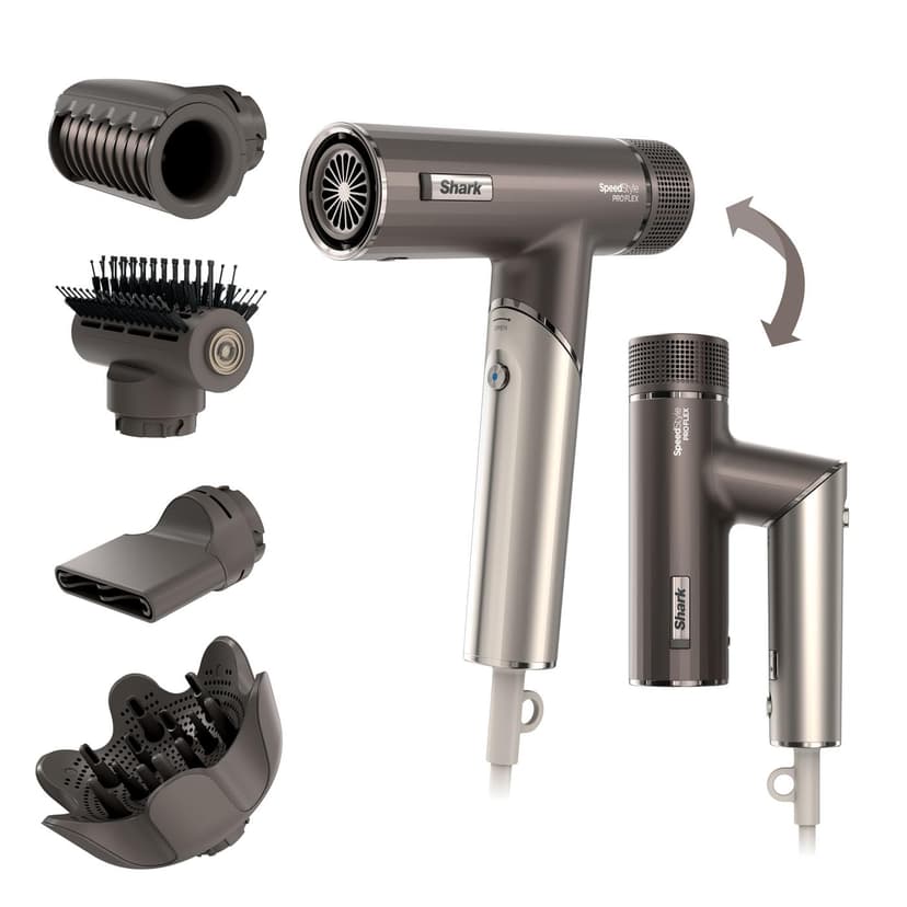 Shark SpeedStyle Pro FLEX Hair Dryer, High Performance High-Velocity Hair-Dryer w/ 4 Styling Attachments, Lightweight, Ionic, No Heat Damage, Folding Handle, For All Hair Types, Mocha Silver HD542UK