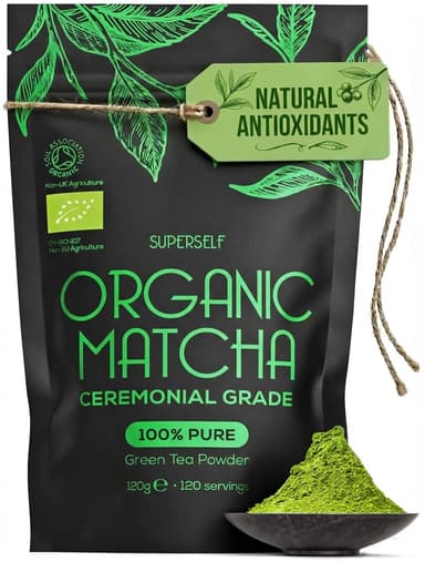 SuperSelf Organic Matcha Powder - Ceremonial Grade & 100% Pure - Smooth Taste & Vibrant Green - Macha for Straight Tea, Lattes, Baking - Certified Organic - Japanese Stone Ground Method - Large 120g