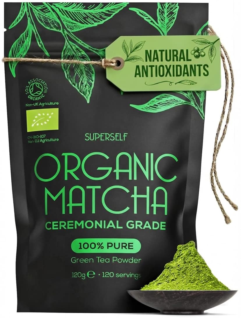 SuperSelf Organic Matcha Powder - Ceremonial Grade & 100% Pure - Smooth Taste & Vibrant Green - Macha for Straight Tea, Lattes, Baking - Certified Organic - Japanese Stone Ground Method - Large 120g