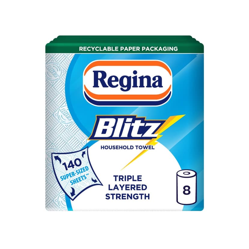Regina Blitz Household Towels – 8 Triple Layered Rolls, 70 Sheets Per Roll, Paper Packaging, FSC Certified Paper, Recyclable Packaging, 60% Larger Than Standard Kitchen Roll Sheets