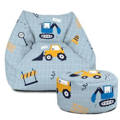 rucomfy Beanbags Snuggle Kids Bean Bag Chair - Toddler Armchair Beanbag Seat - Childrens Bedroom Furniture for Boys & Girls - Arrives Filled - 50 x 60 x 60cm (Dig It, Matching Footstool)