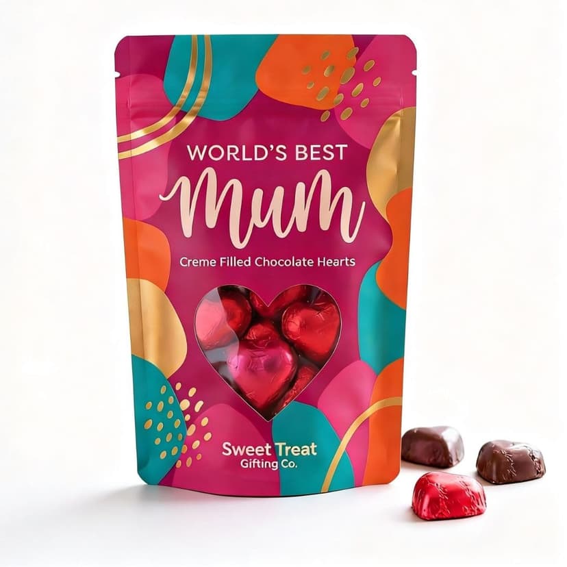 Mother’s Day Gift for Mum Mothers Day Gift – 190g Red Foiled Creme Filled Chocolate Hearts – World’s Best Mum Pouch – Mothers Day Gifts, Chocolate for Mum, Birthday Gifts for Mum
