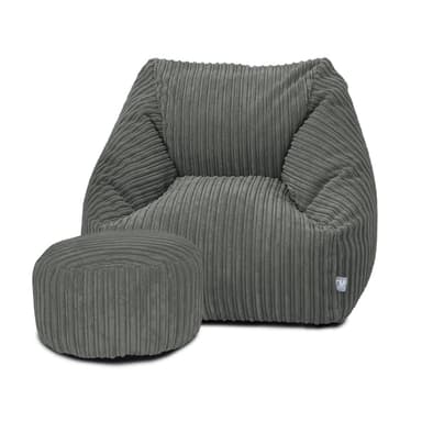 rucomfy Beanbags Big Kids Snuggle Chair - Large Corduroy Armchair for Kids & Teenagers - Home Furniture Living Room or Bedroom Seating - Machine Washable - 70 x 80 x 60cm (Slate Grey, with Footstool)