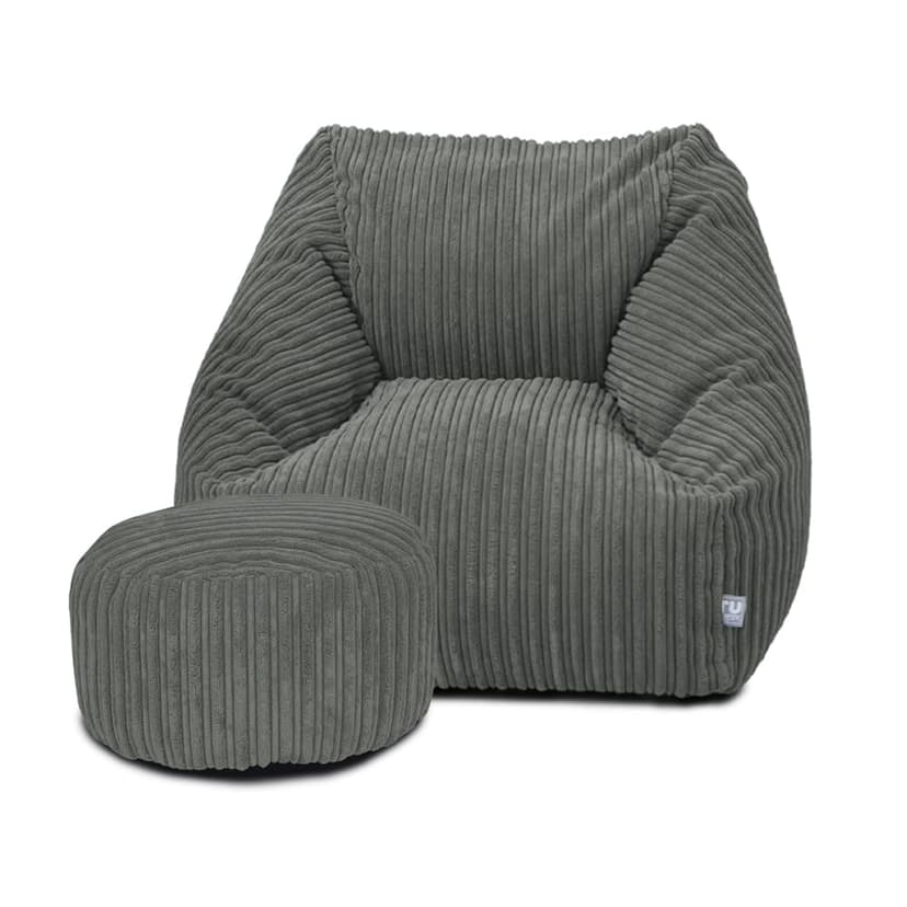 rucomfy Beanbags Big Kids Snuggle Chair - Large Corduroy Armchair for Kids & Teenagers - Home Furniture Living Room or Bedroom Seating - Machine Washable - 70 x 80 x 60cm (Slate Grey, with Footstool)