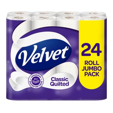 Velvet Classic Quilted Toilet Tissue 24 Rolls - Luxuriously Soft, Strong and Absorbent Toilet Roll - Jumbo Bulk Pack 24 Rolls - 3-ply - White