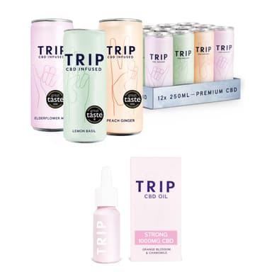 My First TRIP II - TRIP CBD Infused Fizzy Drink: Mixed Pack (Pack of 12 x 250 ml) & TRIP CBD Oil 1000 mg: Orange Blossom (Pack of 1 x 15 ml)