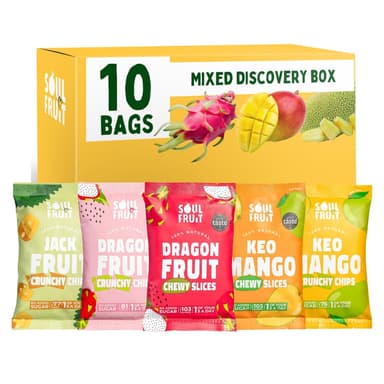 Soul Fruit Discovery Box - Dried Fruit & Freeze Dried Fruit Snacks - Dragon Fruit, Mango, Jackfruit - No Added Sugar - Low Calorie - Lunchbox Snacks - Healthy Snacks for Adults & Kids - 10 x 30/20g