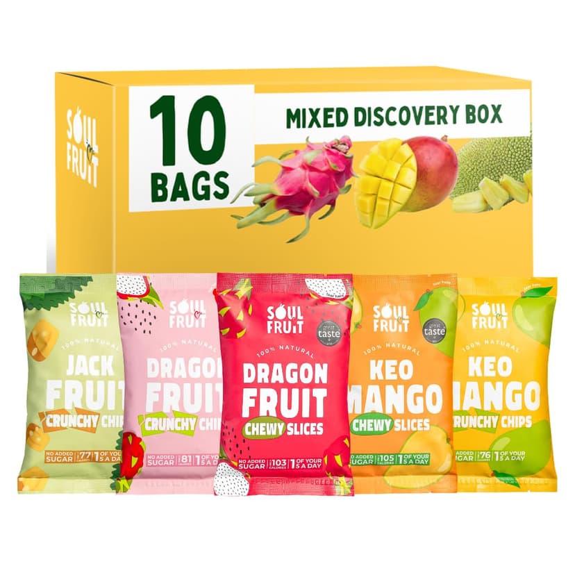 Soul Fruit Discovery Box - Dried Fruit & Freeze Dried Fruit Snacks - Dragon Fruit, Mango, Jackfruit - No Added Sugar - Low Calorie - Lunchbox Snacks - Healthy Snacks for Adults & Kids - 10 x 30/20g