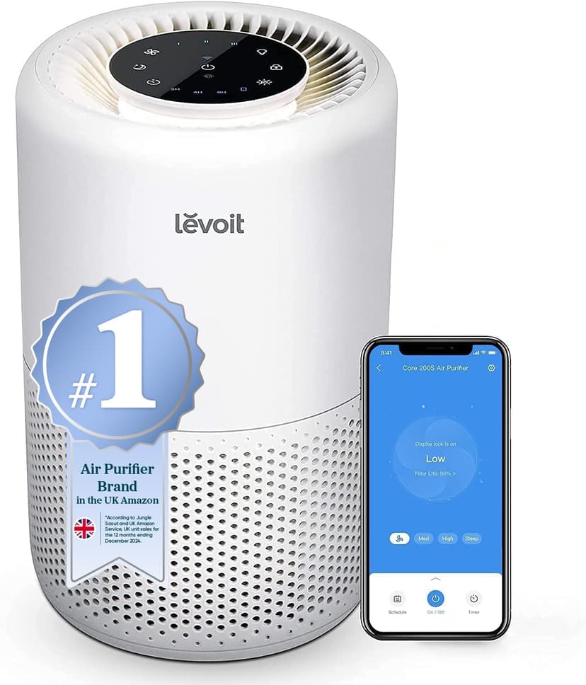 Levoit Smart HEPA Air Purifier for Allergies & Pets, 64m² Bedroom Home Coverage, Alexa & App Control, Ultra-Quiet Sleep Mode, Timer, Night Light, Removes Pollen Dust Odour Smoke, Core 200S