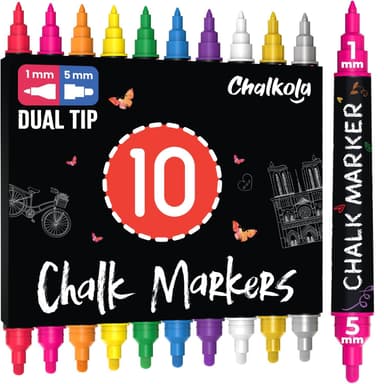 Chalkola Dual Tip Liquid Chalk Pens for Blackboard - (10 Pack, 1mm+5mm Fine, Bold Tip, w/Gold Silver) | Wet Erase, Erasable Chalk Markers for Chalkboard Signs, Car Windows, Calendar, Glass, Board