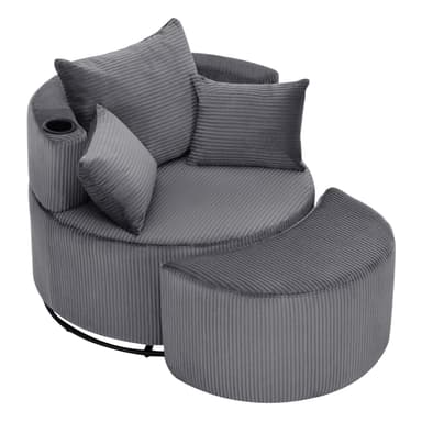 INMOZATA Swivel Snuggle Chair Jumbo Cord Cuddle Chair with Footstool Set Arc 1.5 Seater Accent Chair with Built-in Cup Holder & 3 Pillows Sofa Armchair with 360° Rotating Metal Base, Grey