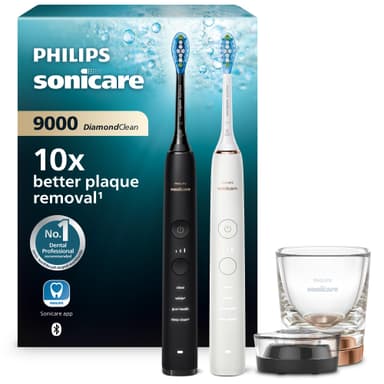 Philips Sonicare DiamondClean 9000 Electric Toothbrush, Sonic Toothbrush with App, Pressure Sensor, 4 Brushing Modes, 3 Intensity Levels, Charging Glass, Black & Rosegold, Dual Pack, Model HX9914/57