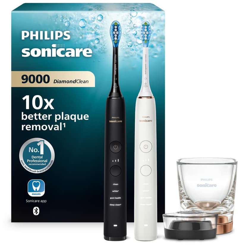 Philips Sonicare DiamondClean 9000 Electric Toothbrush, Sonic Toothbrush with App, Pressure Sensor, 4 Brushing Modes, 3 Intensity Levels, Charging Glass, Black & Rosegold, Dual Pack, Model HX9914/57