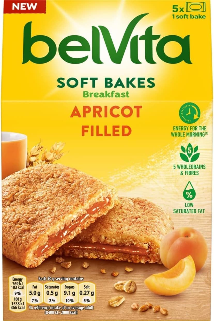 Belvita Soft Bakes Breakfast Biscuits Filled With Apricot, Soft Bars With Apricot Filling, Multipack of 5 x 50 g Biscuits (Pack of 1)