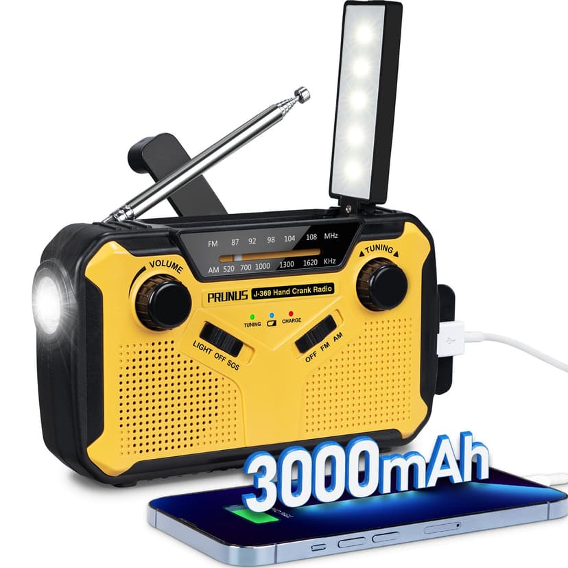 PRUNUS J-369 Wind Up Radio Solar, AM/FM Emergency Hand Crank Radio, Battery Radio with 3000mAh Power Bank, LED Torch, SOS Alarm, USB Phone Charger Perfect for Emergencies & Outdoor Survival