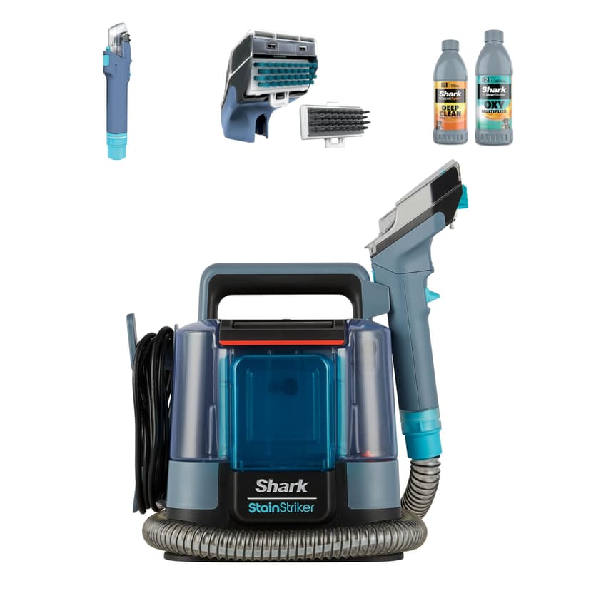 Shark StainStriker Stain and Spot Cleaner, Compact Carpet and Upholstery Cleaner with Powerful Suction, Dual Cleaning Formulas, 2 Tools, Removes Stains, Odours and Dirt, Blue PX200UK