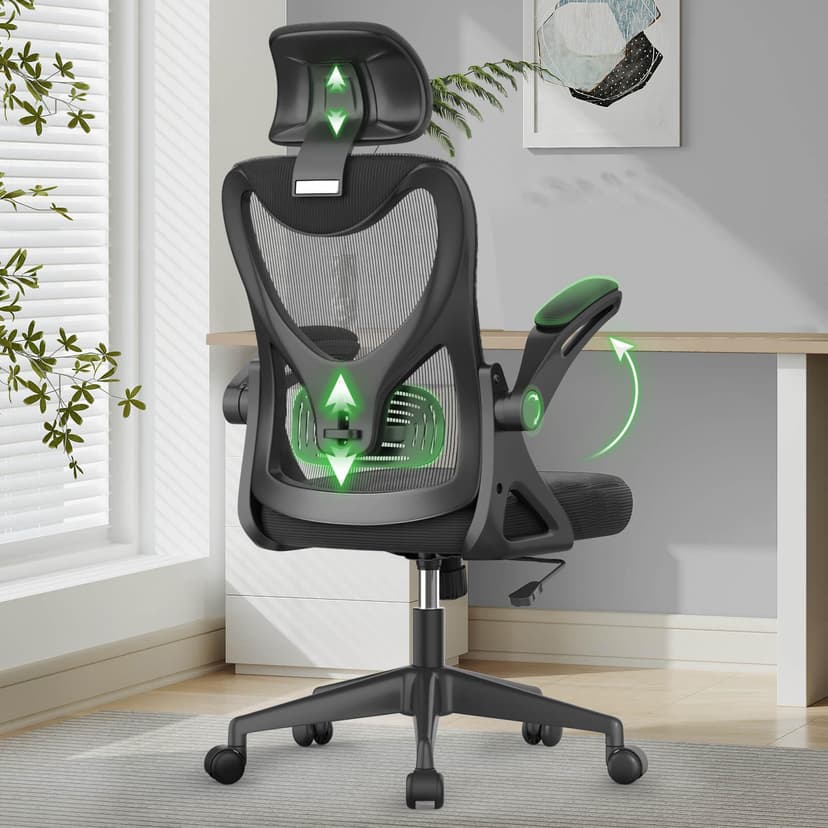 Office Chair - Ergonomic Desk Chair with Lumbar Support Headrest Adjustable, Padded Flip-up Armrests Comfy Seat Cushion High Back Executive Manager Chair For Home Office