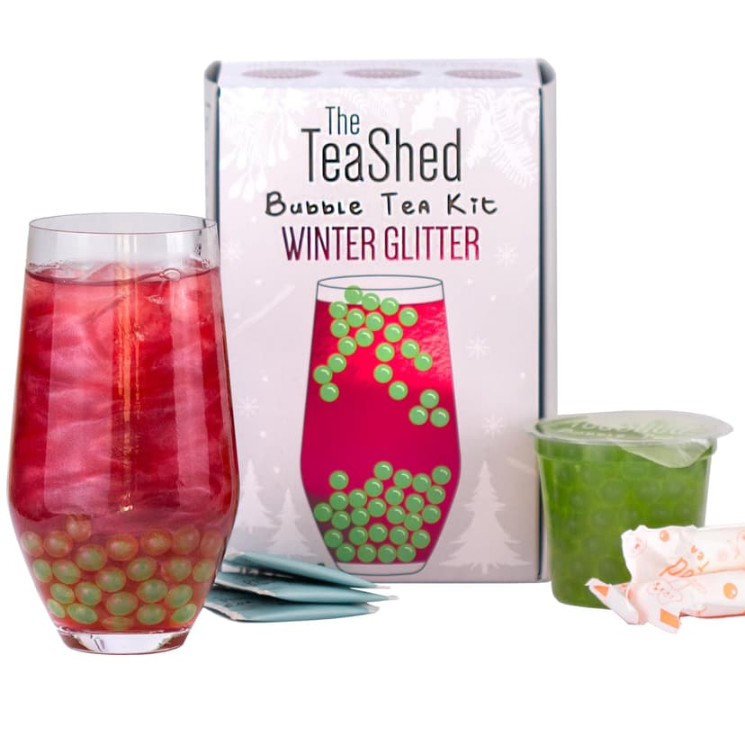 Winter Glitter Christmas Bubble Tea Kit Gift Box |Glitter Cranberry Bubble Tea Syrup, Apple Popping Boba, Premium Tea and Paper Straws | Makes 3 Bubble Teas | Vegan | by THE TEASHED
