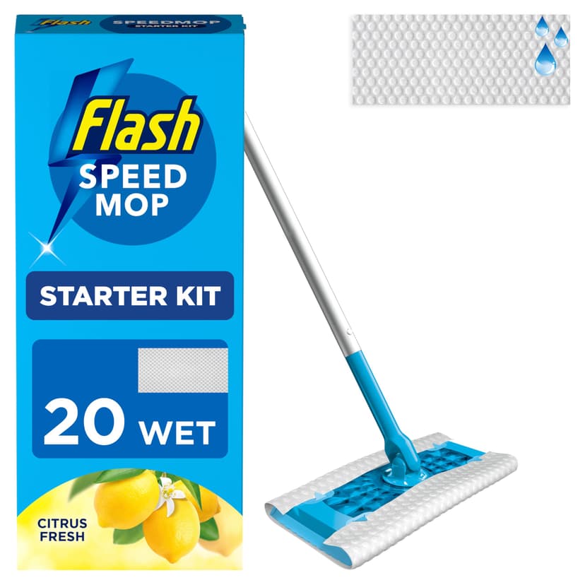 Flash Speedmop Wet Mop Floor Cleaner Starter Kit For Cleaning Floors, Includes: 1 Mop, 20 Wet Refills