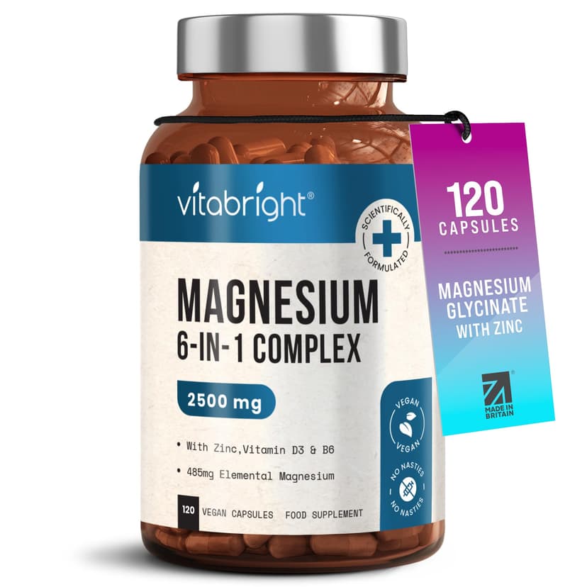 VitaBright Magnesium Glycinate Complex 6-in-1 | 2500mg, 485mg Elemental | 120 Caps | Glycinate Tablets, Zinc, Vitamin B6 & D | High Strength Magnesium Supplements for Women | ZMA Supplements for Men