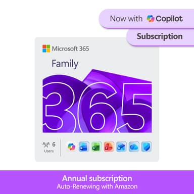 Microsoft 365 Family | 12 Months | 6 People | Up to 6TB Storage | AI Office Apps | Annual auto-renewing Amazon subscription