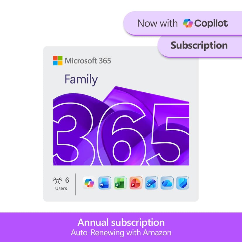 Microsoft 365 Family | 12 Months | 6 People | Up to 6TB Storage | AI Office Apps | Annual auto-renewing Amazon subscription