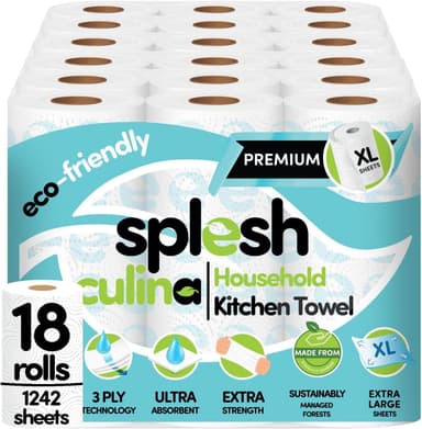 Splesh Culina Kitchen Towel - 18 XL Rolls (1242 Sheets) 3 Ply Ultra Absorbent & Extra Strong, Large Eco-Friendly Household Kitchen Rolls - 69 Super Sized Triple Layered Sheets Per Roll