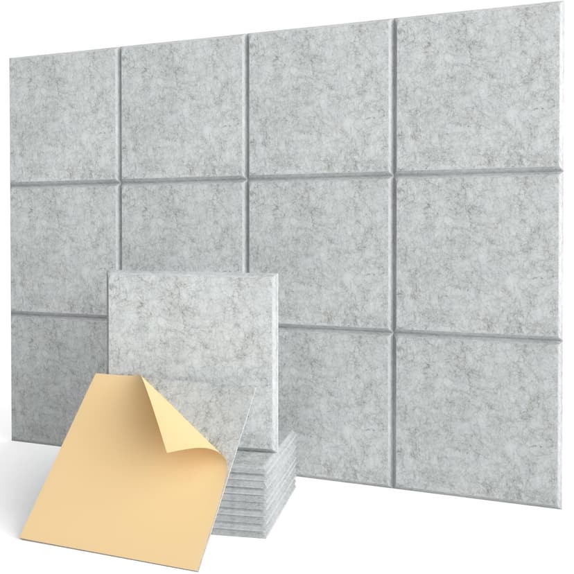 Acoustic Wall Panels Self-Adhesive, 12 Pcs Sound Absorbing Panels for Studio, Bedroom, Living Room, Office, Gaming, Ceiling, Door Acoustic Treatment, Gray, 12" X 12" X 0.4"