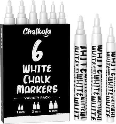Chalkola White Chalk Pens - White Dry Erase Liquid Chalk Pens for Chalkboard, Blackboard, Window, Bistro, Car Glass, Board, Signs - Variety Pack of 6 - (2x) 1mm, 3mm & 6mm
