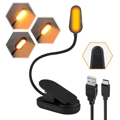 Amber LED Book Light - Clip On, Rechargeable, Blue Light Blocking, 360° Bendable Neck