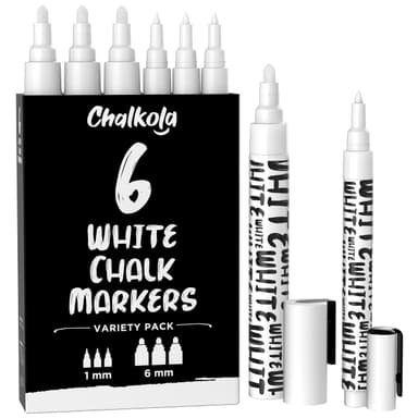 Chalkola White Chalk Pens - White Dry Erase Liquid Chalk Pens for Chalkboard, Blackboard, Window, Bistro, Car Glass, Board, Signs - Variety Pack of 6 - (3x) 1mm & 6mm