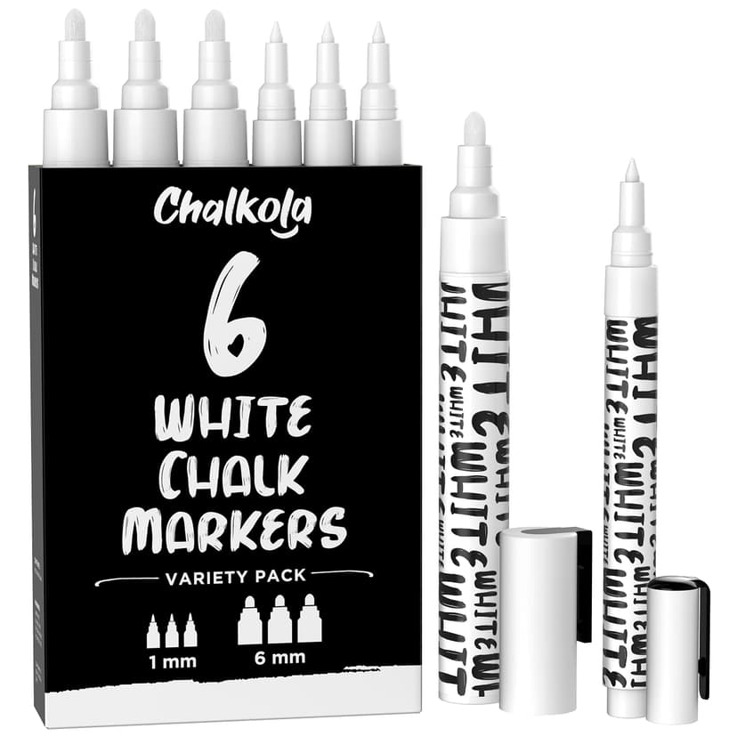 Chalkola White Chalk Pens - White Dry Erase Liquid Chalk Pens for Chalkboard, Blackboard, Window, Bistro, Car Glass, Board, Signs - Variety Pack of 6 - (3x) 1mm & 6mm