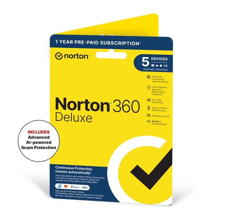 Norton 360 Deluxe 2026, Antivirus software for 5 Devices and 1-year subscription with automatic renewal, Includes Secure VPN and Password Manager, PC/Mac/iOS/Android, Activation Code by Post