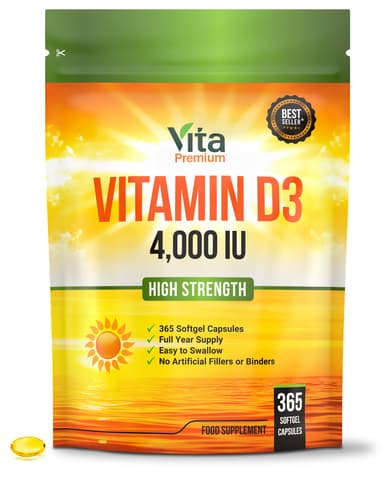 Vitamin D 4,000 IU Gel Capsules, High Strength Vitamin D3 Supplement, 365 Easy to Swallow Tablets - Full Year Supply