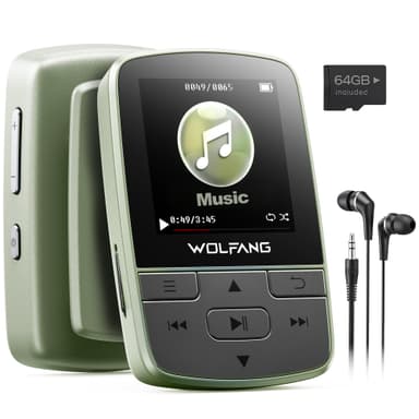 WOLFANG MP3 Player with Bluetooth 5.2, Sports Clip, Mini Size, 28g Lightweight, HiFi Lossless Sound, FM Radio, Voice Recorder, Wired Earphones Included (Military Green)