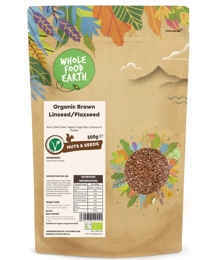 Wholefood Earth Organic Brown Linseed/Flaxseed – 500g | Raw | GMO Free | Vegan | High Fibre | Source of Protein | Certified Organic