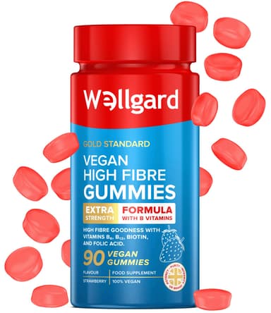 Vegan High Fibre Gummies Wellgard – High Strength Fibre Gummy Vitamins B₆, B₁₂, Biotin, and Folic Acid, Strawberry Flavour, UK Formulated