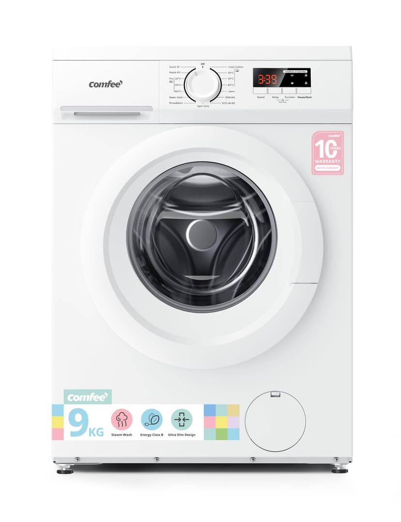 COMFEE' Freestanding Washing Machine,9KG Load,1400RPM,Steam Wash,Slim Design,Quick Wash,BLDC Durable Inverter Motor,White-CFE12EW90/W