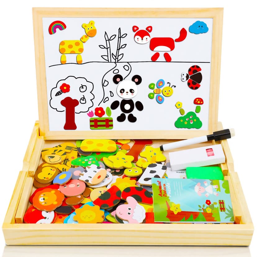 COOLJOY 100+ PCS Wooden Magnetic Puzzle,Magnetic Puzzle Board, Cute Pets Pattern Games Double Sided Jigsaw, Educational Drawing Easel Blackboard Wood Toys,Easter Gifts For Kids 3 Years Old Imagination
