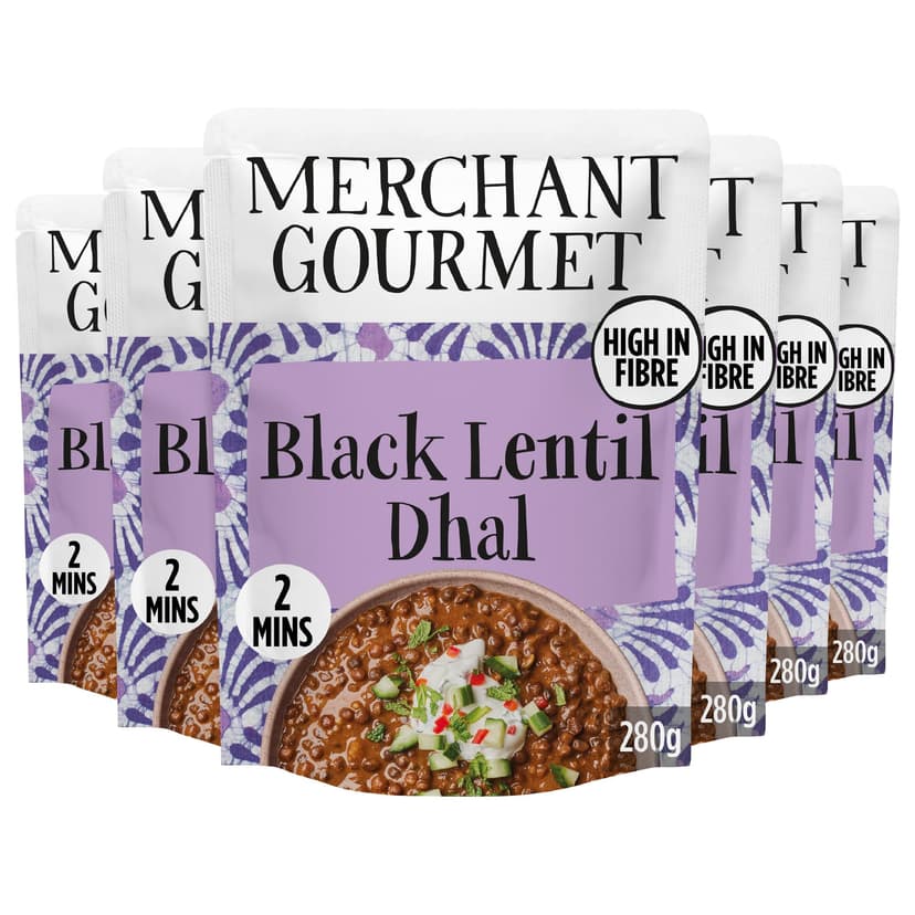 Merchant Gourmet Ready-to-eat Black Dhal, Pack of 6 x 280g Pouches - Source of Protein, High Fibre, Vegan. Cooked with Black Lentils & Coconut Cream, Plant-Based Ready-Meal Option