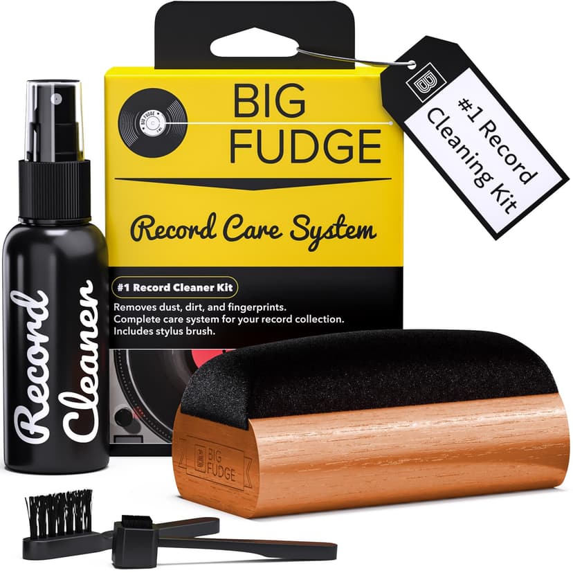 Big Fudge Vinyl Cleaning Kit - 4-in-1 Record Cleaner for Vinyl Kit Includes Ultra-Soft Velvet Brush Vinyls Record Cleaner Liquid Stylus Brush and Storage Pouch - Pro Records Care