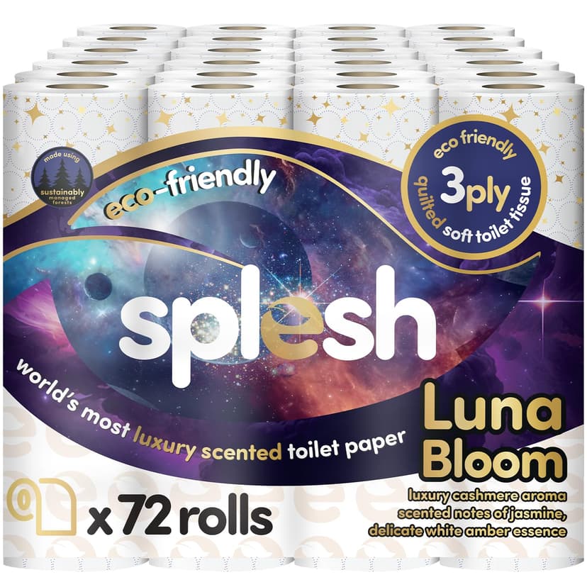 Splesh by Cusheen Toilet Roll 72 Rolls - Luna Bloom Cashmere Scent with White Amber Essence, Bulk Family Pack | Soft 3 Ply Luxury Bathroom Tissue Loo Rolls | Eco-Friendly, Sustainable Toilet Paper